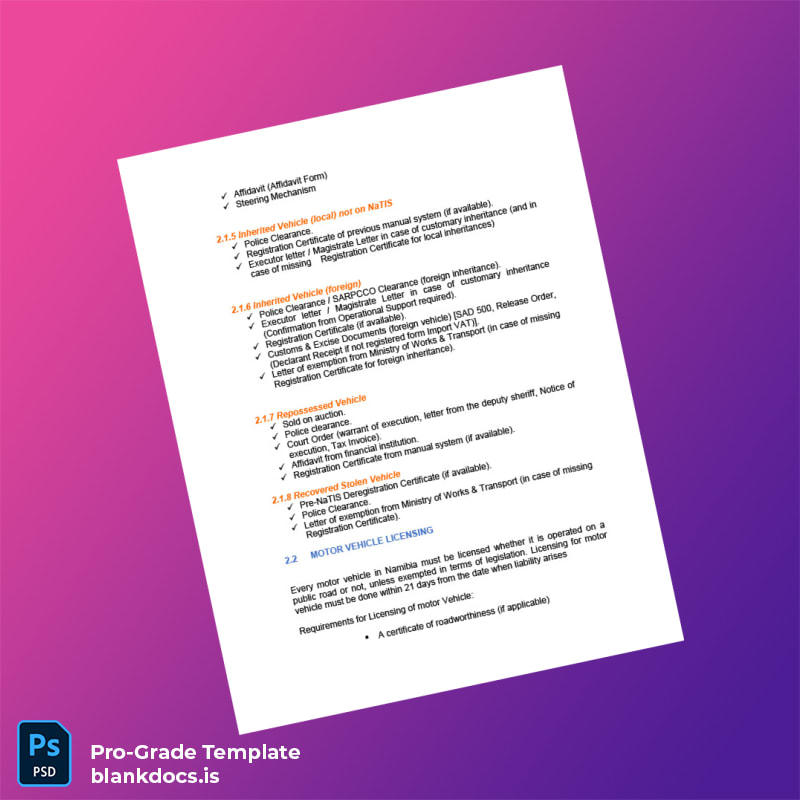 Blank Namibia Ministry of Transport Motor Vehicle Registration Guide Template in Word and PDF formats page 2 Document Preview - BlankDocs