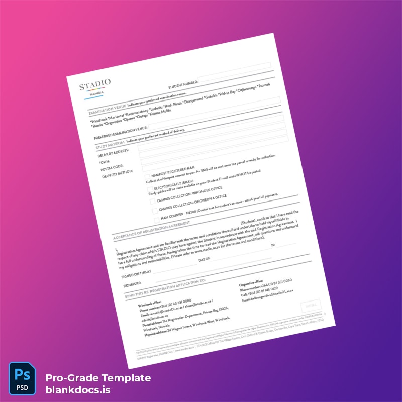 Blank Namibia STADIO Registration Form Template in Word and PDF formats page 2 Document Preview - BlankDocs