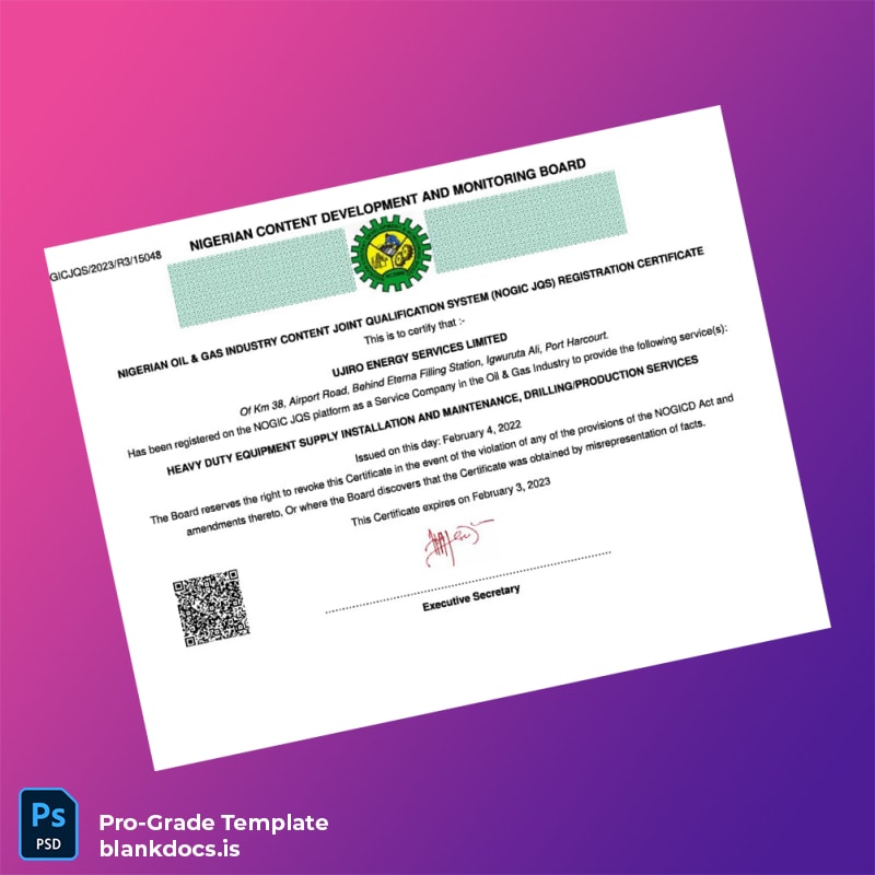 Blank Nigeria NOGIC JQS Registration Certificate Template (Word/PDF) Document Preview - BlankDocs