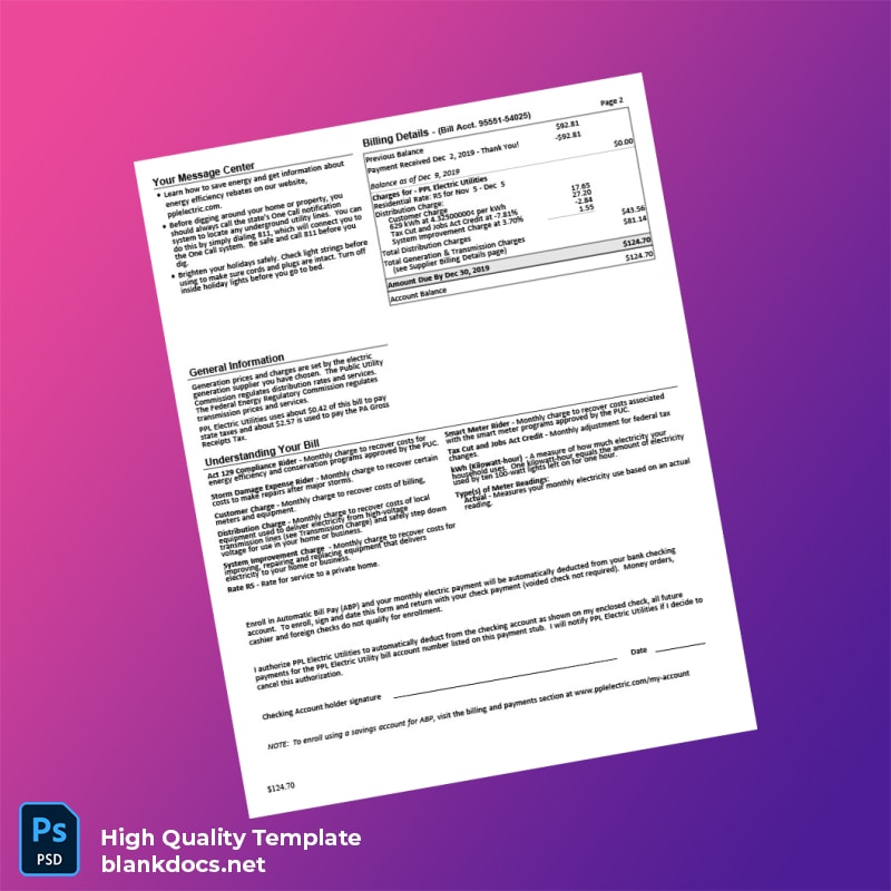 PPL Electric Utilities Editable Electricity Bill Template in Word and PDF formats page 2