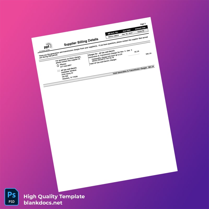 PPL Electric Utilities Editable Electricity Bill Template in Word and PDF formats page 3