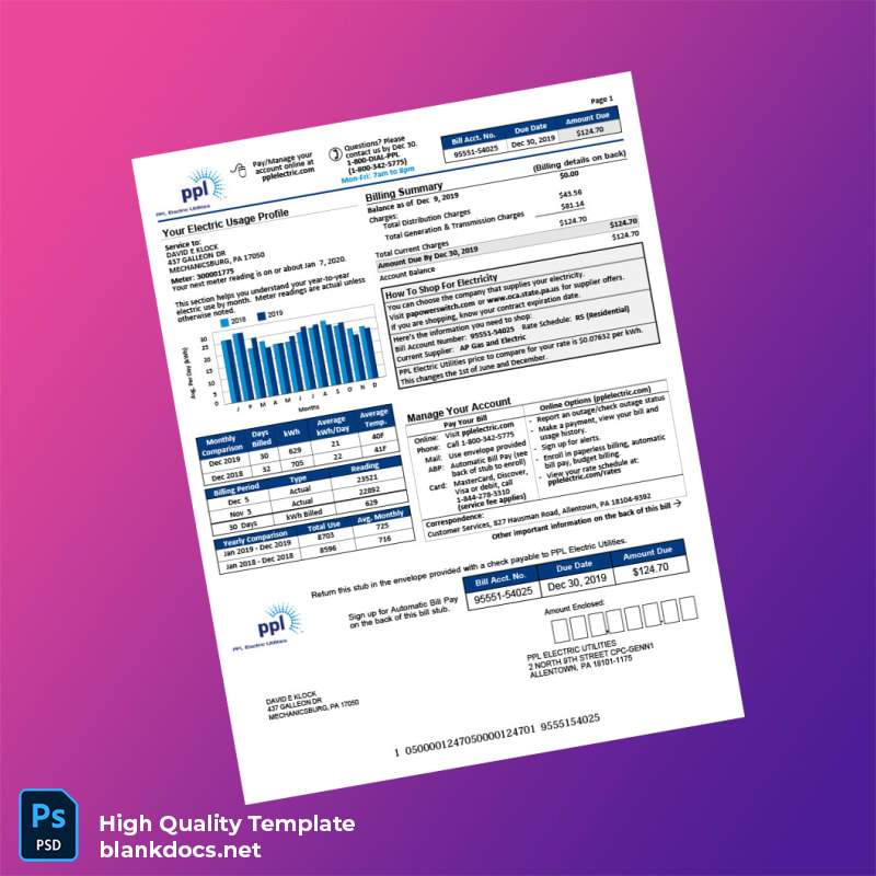 PPL Electric Utilities Editable Electricity Bill Template in Word and PDF formats