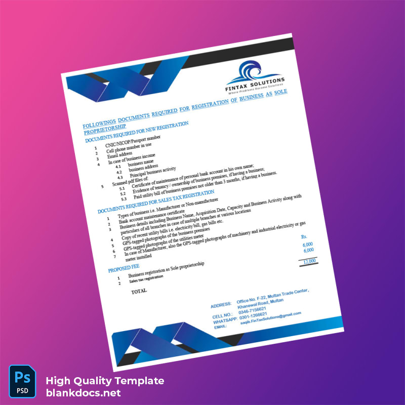 Pakistan Multan Trade Center Editable Business Registration Template in Word and PDF formats