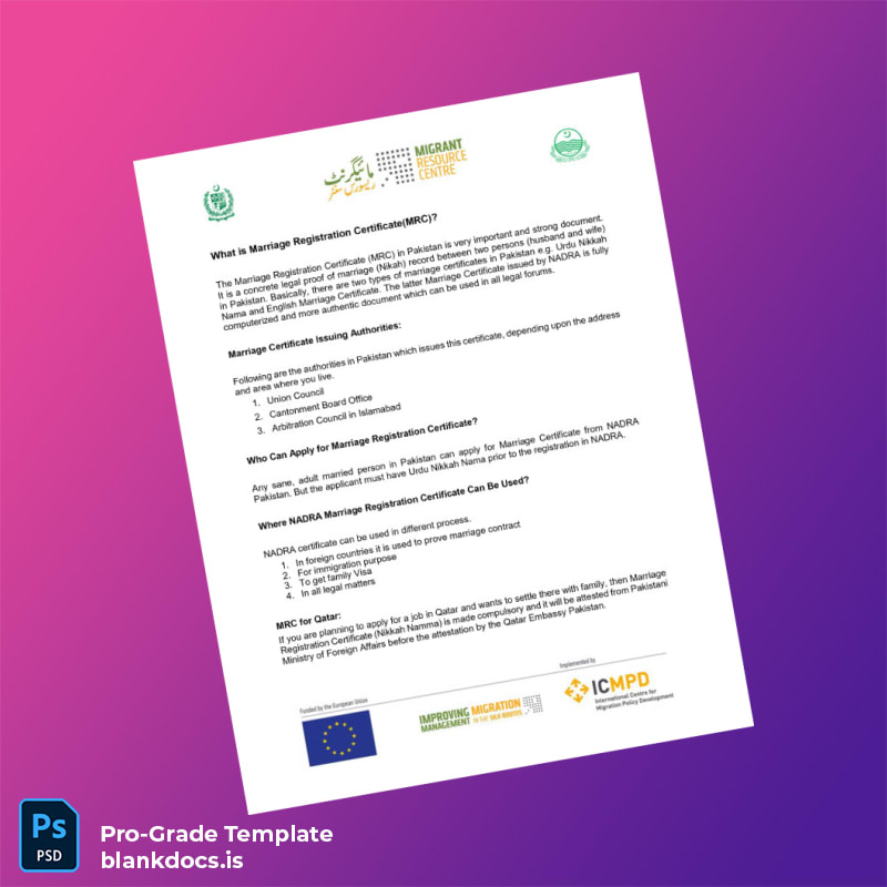 Blank Pakistan NADRA Marriage Registration Certificate Template (Word/PDF) Document Preview