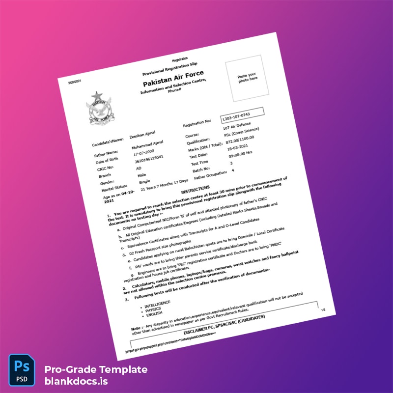 Blank Pakistan Pakistan Air Force Registration Certificate Template (Word/PDF) Document Preview - BlankDocs
