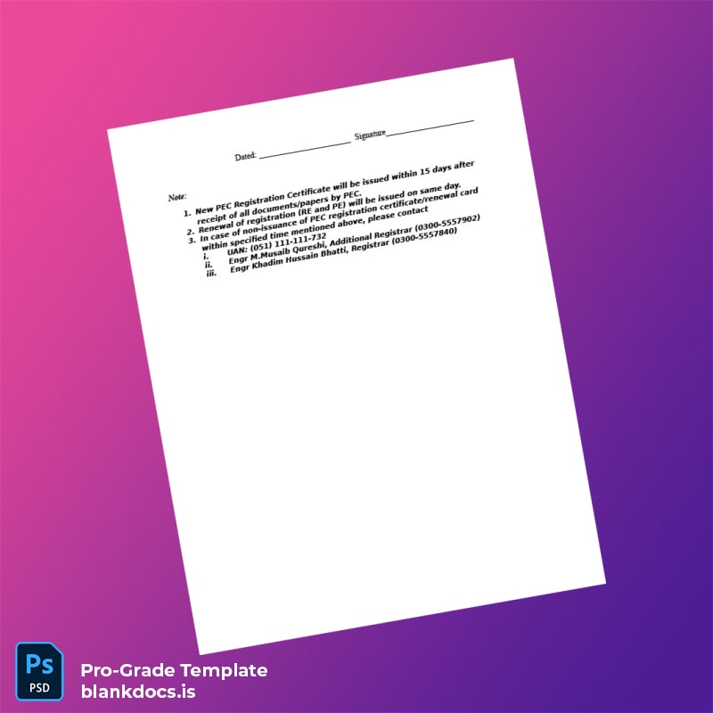 Blank Pakistan Pakistan Engineering Council Registration Certificate Template in Word and PDF formats page 2 Document Preview