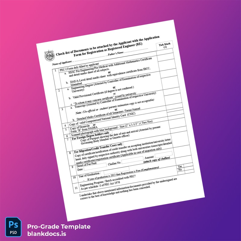 Blank Pakistan Pakistan Engineering Council Registration Certificate Template (Word/PDF) Document Preview