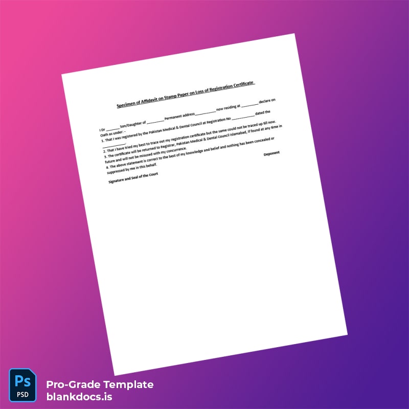 Blank Pakistan Pakistan Medical Dental Council Duplicate Affidavit Loss of Registration Certificate Template (Word/PDF) Document Preview
