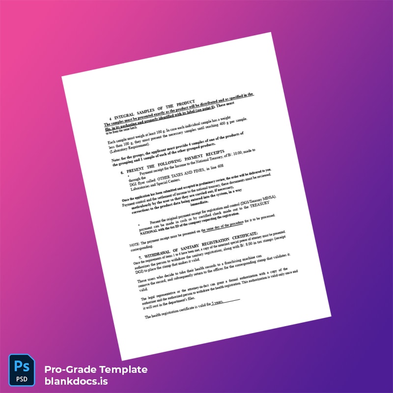 Blank Panama Ministry of Health Food Sanitary Registration Certificate Template in Word and PDF formats page 4 Document Preview - BlankDocs