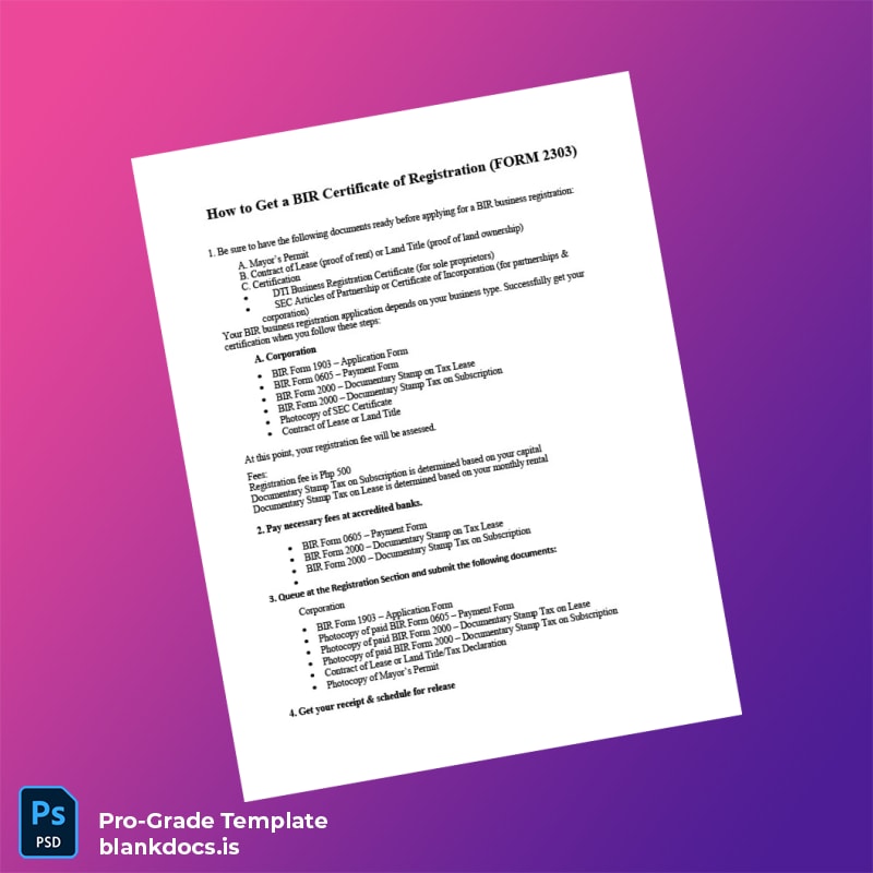 Blank Philippines BIR Registration Certificate Template (Word/PDF) Document Preview