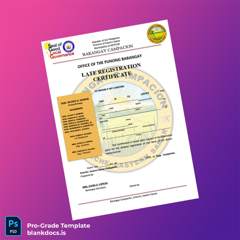 Blank Philippines Barangay Campacion Late Registration Certificate Template (Word/PDF) Document Preview