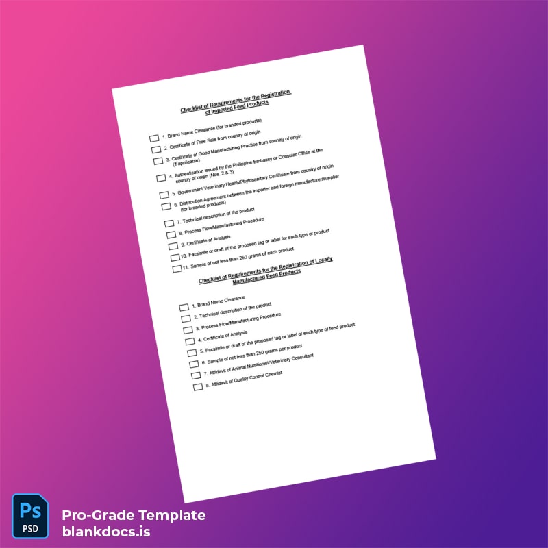 Blank Philippines Bureau of Animal Industry Certificate of Feed Product Registration Template in Word and PDF formats page 2 Document Preview
