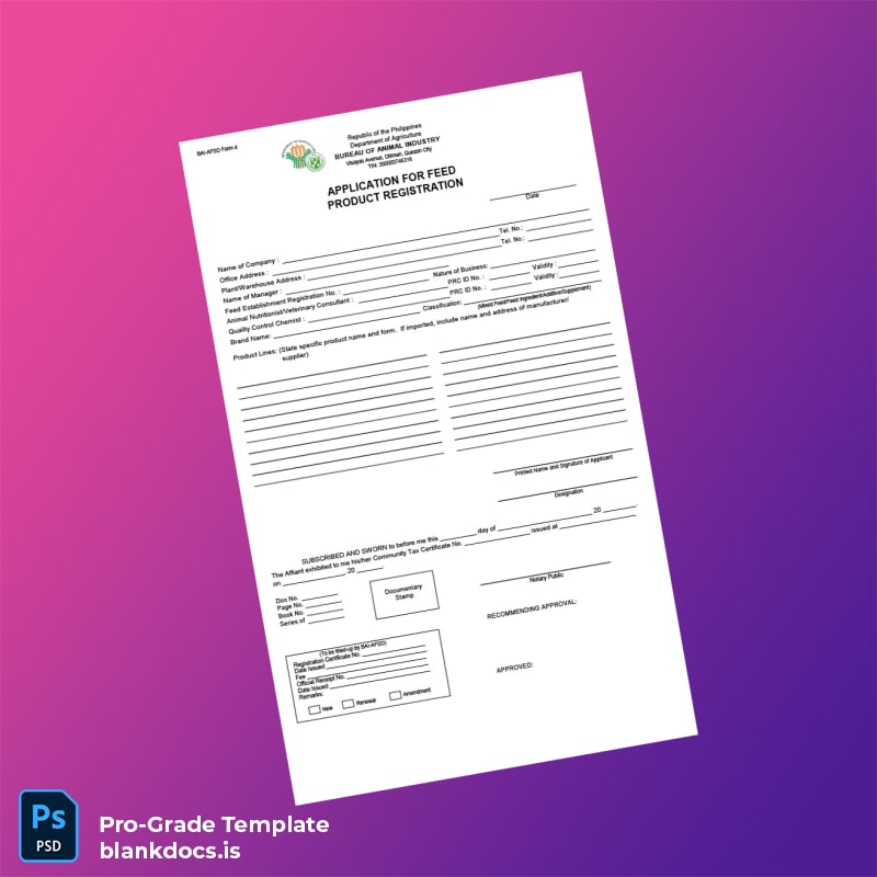 Blank Philippines Bureau of Animal Industry Certificate of Feed Product Registration Template (Word/PDF) Document Preview