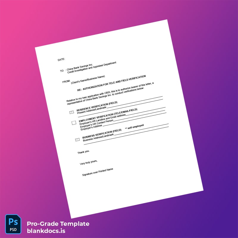 Blank Philippines China Bank Savings Inc Employment Verification Letter Template (Word/PDF) Document Preview - BlankDocs