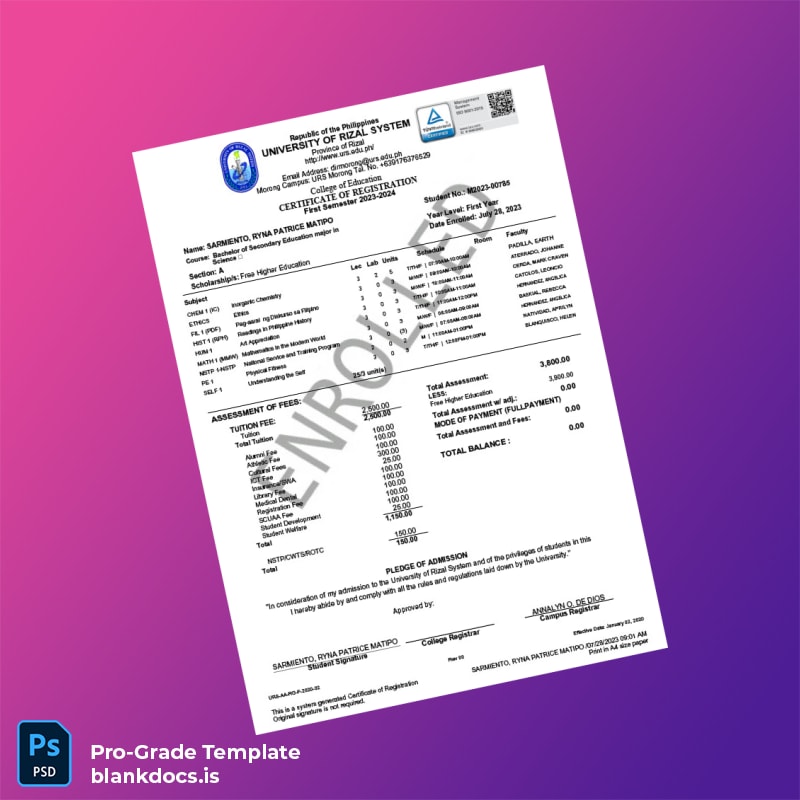 Blank Philippines College of Education Certificate of Registration Template (Word/PDF) Document Preview - BlankDocs