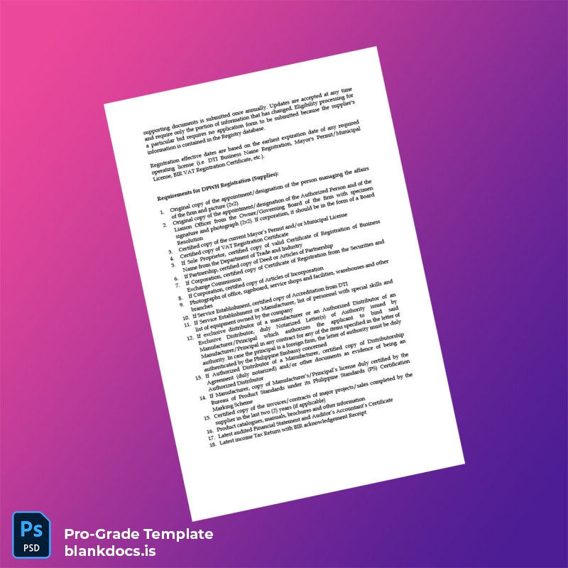 Blank Philippines DPWH Business Registration Certificate Template in Word and PDF formats page 3 Document Preview - BlankDocs