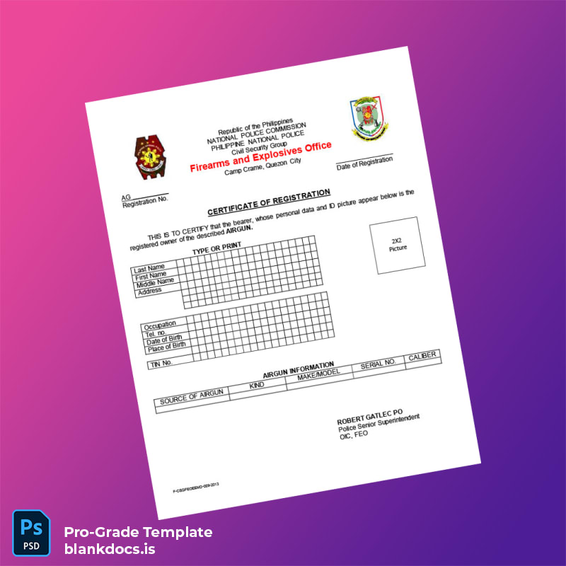 Blank Philippines Firearms and Explosives Office Airgun Registration Certificate Template (Word/PDF) Document Preview