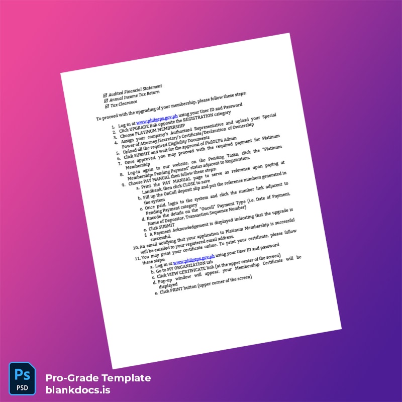 Blank Philippines PhilGEPS Certificate of Registration Template in Word and PDF formats page 2 Document Preview