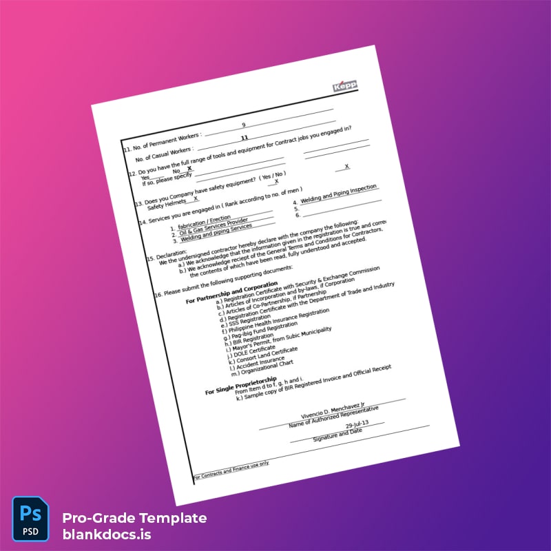 Blank Philippines Subcontractor Registration Form Template in Word and PDF formats page 2 Document Preview - BlankDocs