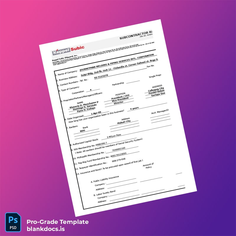 Blank Philippines Subcontractor Registration Form Template (Word/PDF) Document Preview - BlankDocs