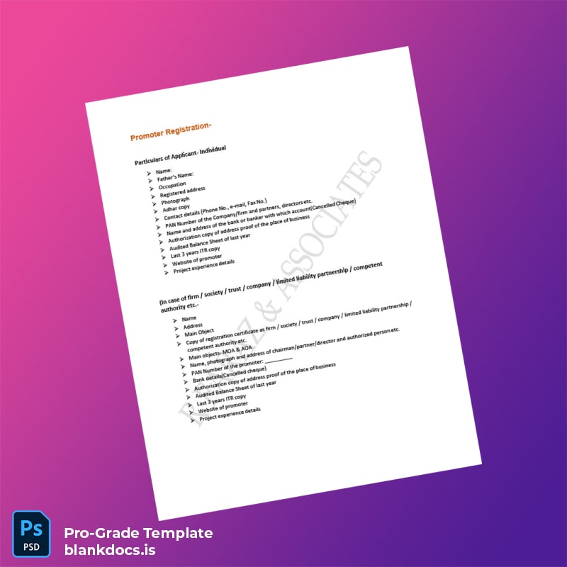 Blank Promoter Registration Certificate Template (Word/PDF) Document Preview