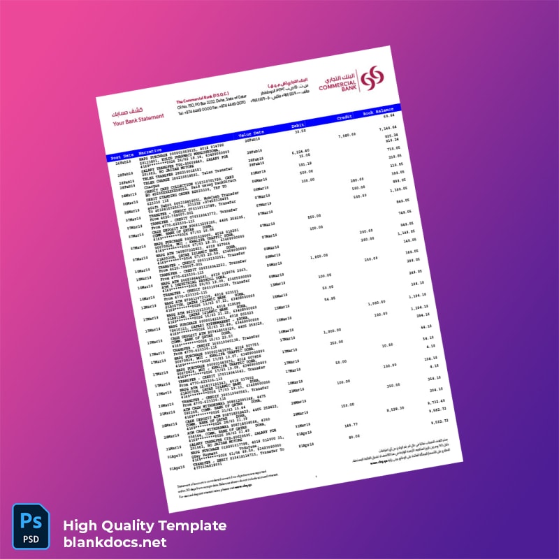 Qatar Bank Statement Template in Word and PDF formats page 2