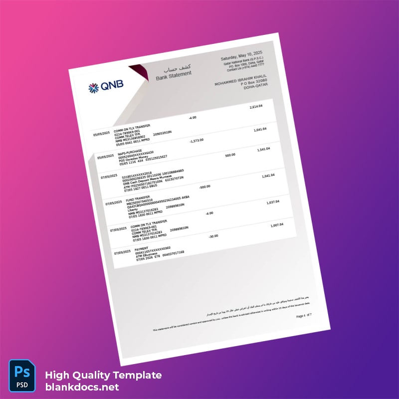 Qatar Qatar National Bank Account Statement Template in Word and PDF formats page 4