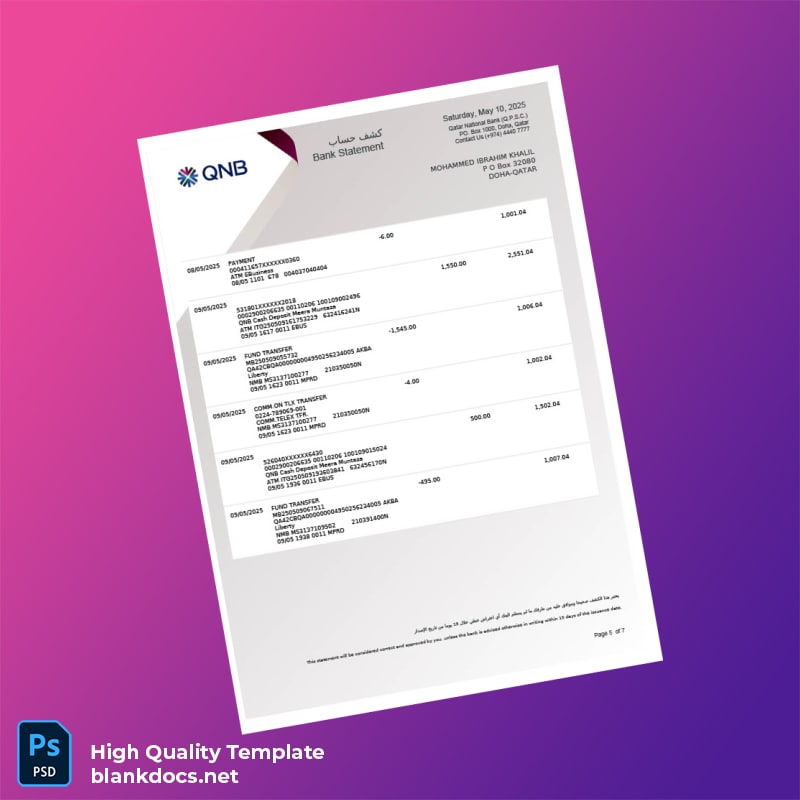 Qatar Qatar National Bank Account Statement Template in Word and PDF formats page 5