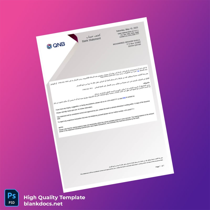 Qatar Qatar National Bank Account Statement Template in Word and PDF formats page 7