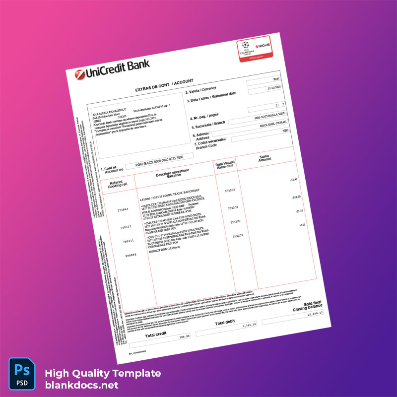 Romania UniCredit Bank Monthly Statement Template in Word and PDF formats page 2