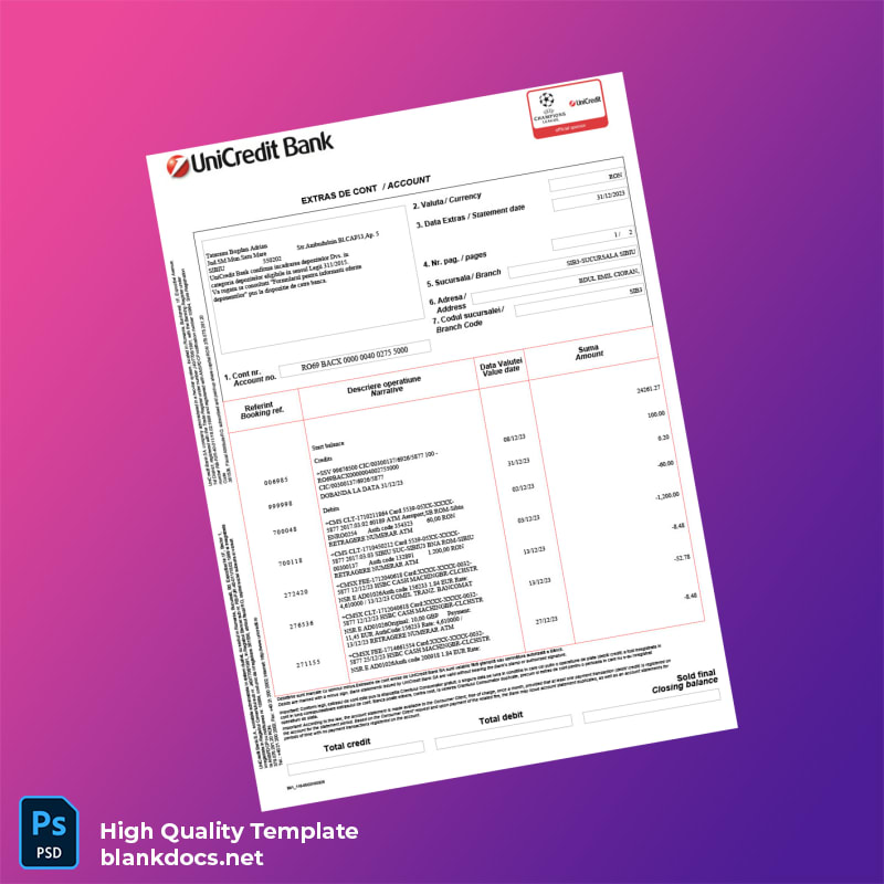 Romania UniCredit Bank Monthly Statement Template in Word and PDF formats