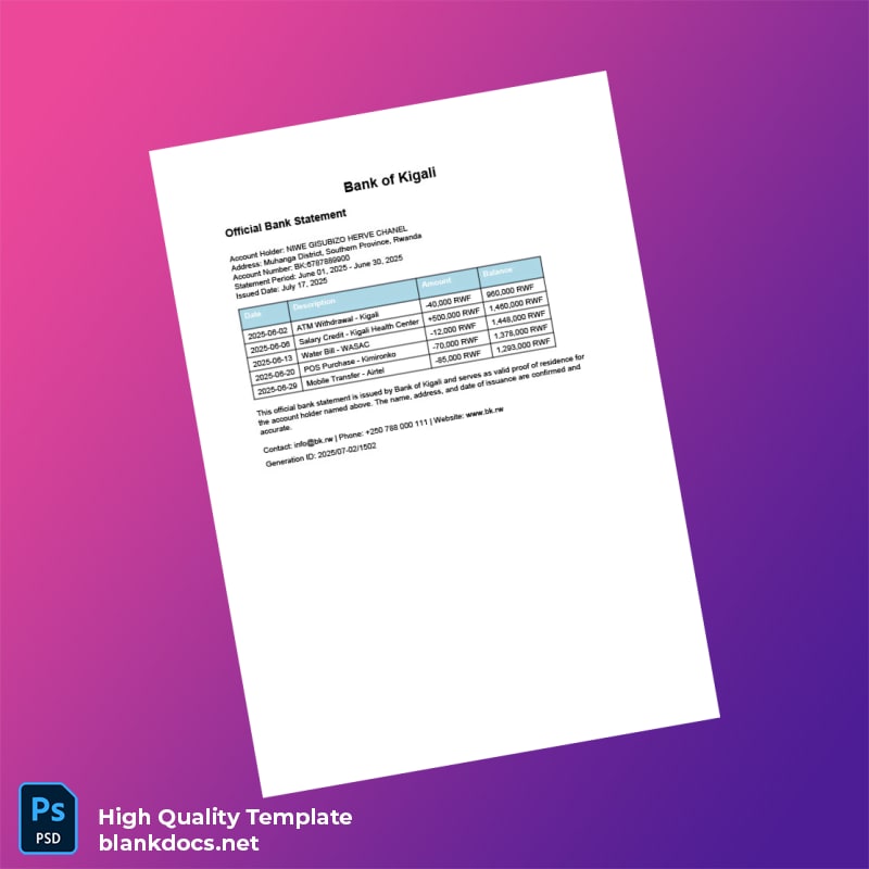 Rwanda Bank of Kigali Official Bank Statement Template in Word and PDF formats