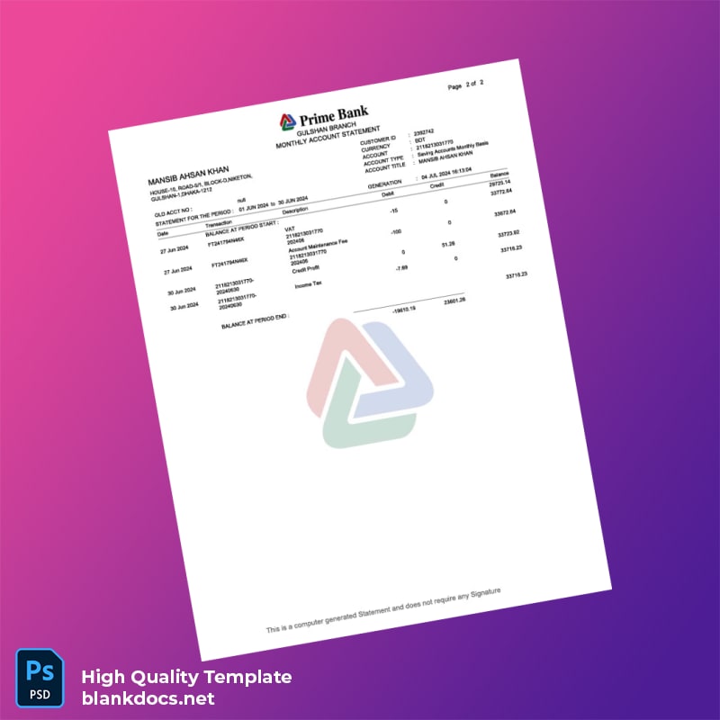 Salary Bank Statement Template in Word and PDF formats page 2