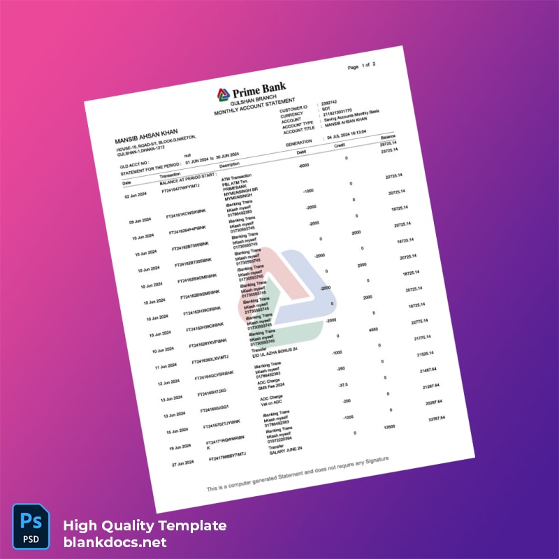 Salary Bank Statement Template in Word and PDF formats
