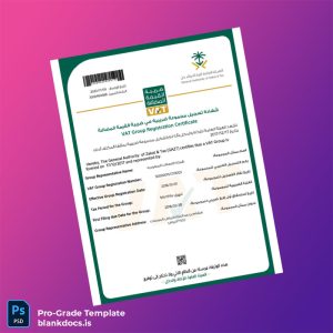 Blank Saudi Arabia General Authority of Zakat and Tax VAT Registration Certificate Template (Word/PDF) Document Preview