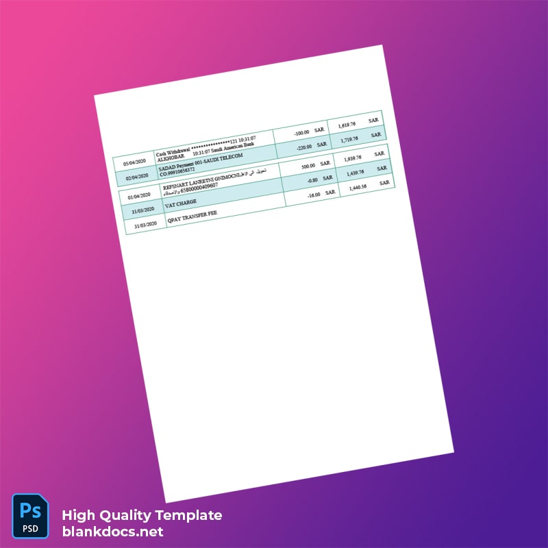 Saudi Arabia NCB Bank Statement Template in Word and PDF formats page 2