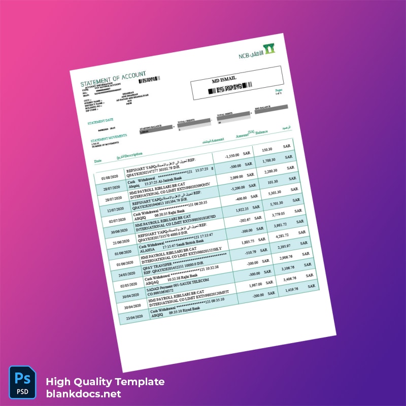 Saudi Arabia NCB Bank Statement Template in Word and PDF formats