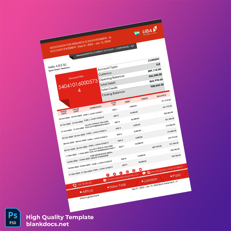 Sierra Leone Africa s Global Bank Bank Statement Template in Word and PDF formats page 2