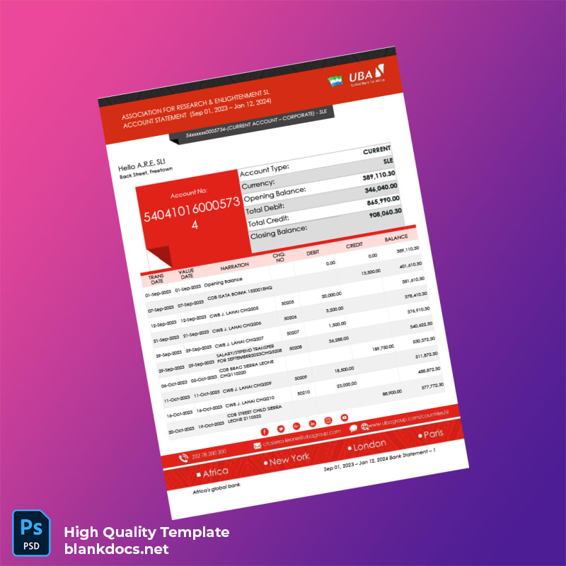 Sierra Leone Africa s Global Bank Bank Statement Template in Word and PDF formats
