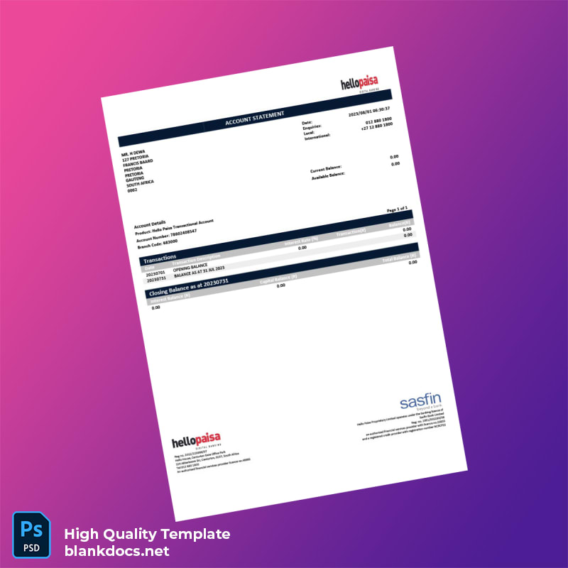 South Africa Hello Paisa Bank Statement Template in Word and PDF formats