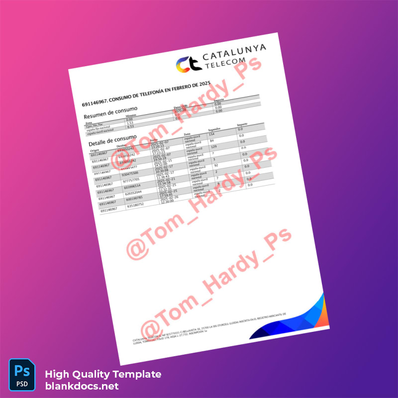 Spain Catalunya Telecom Editable Utility Bill Template in Word and PDF formats page 2