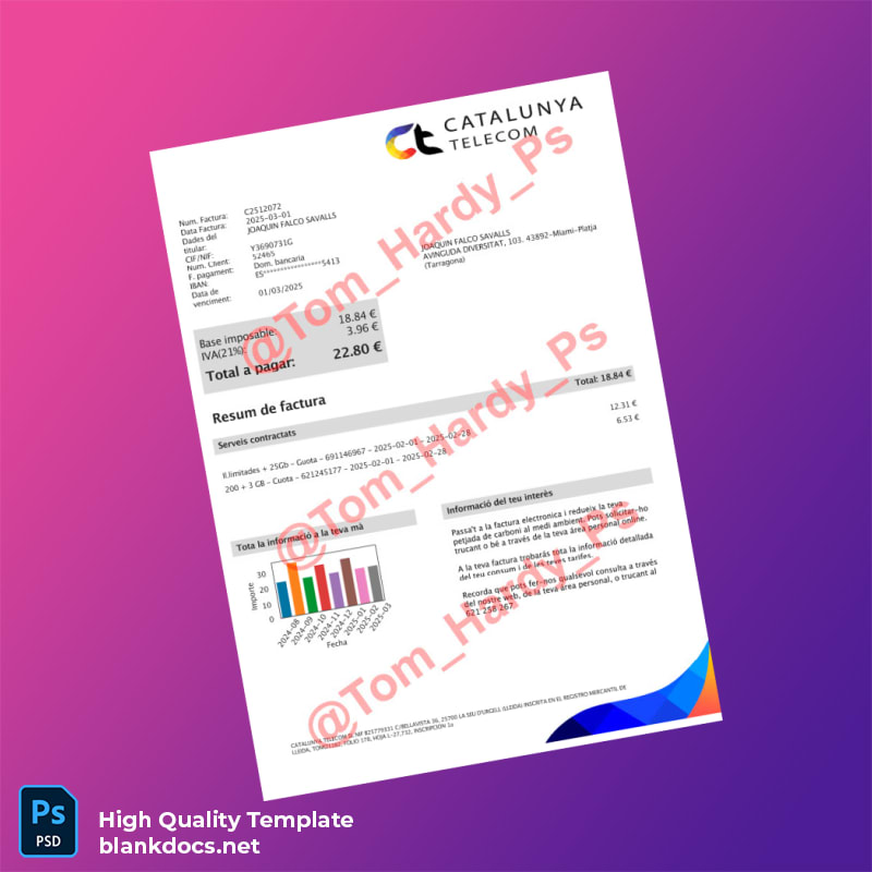 Spain Catalunya Telecom Editable Utility Bill Template in Word and PDF formats