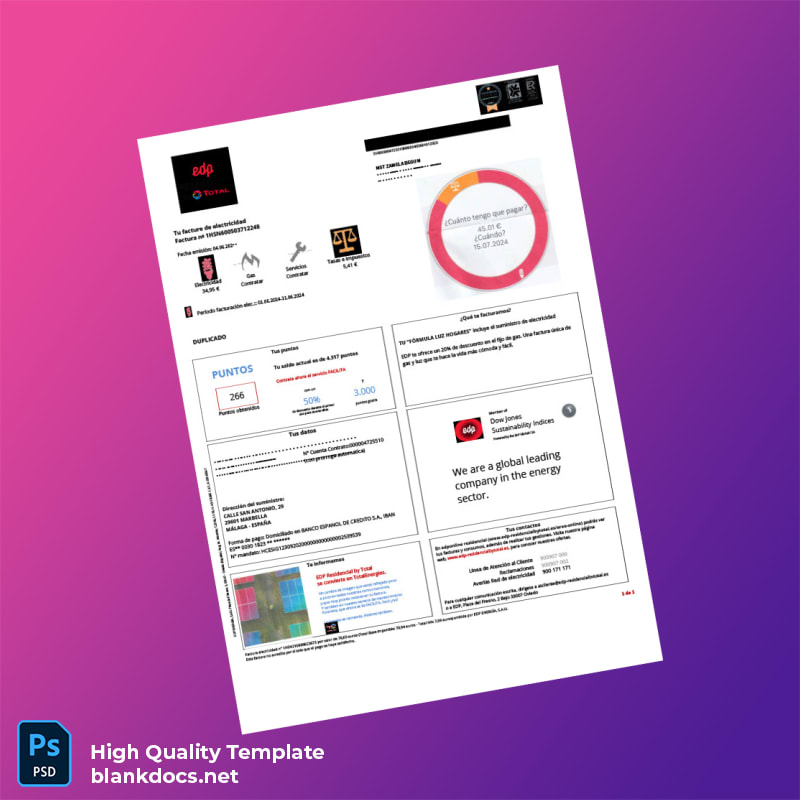 Spain EDP Editable Utility Bill Template in Word and PDF formats