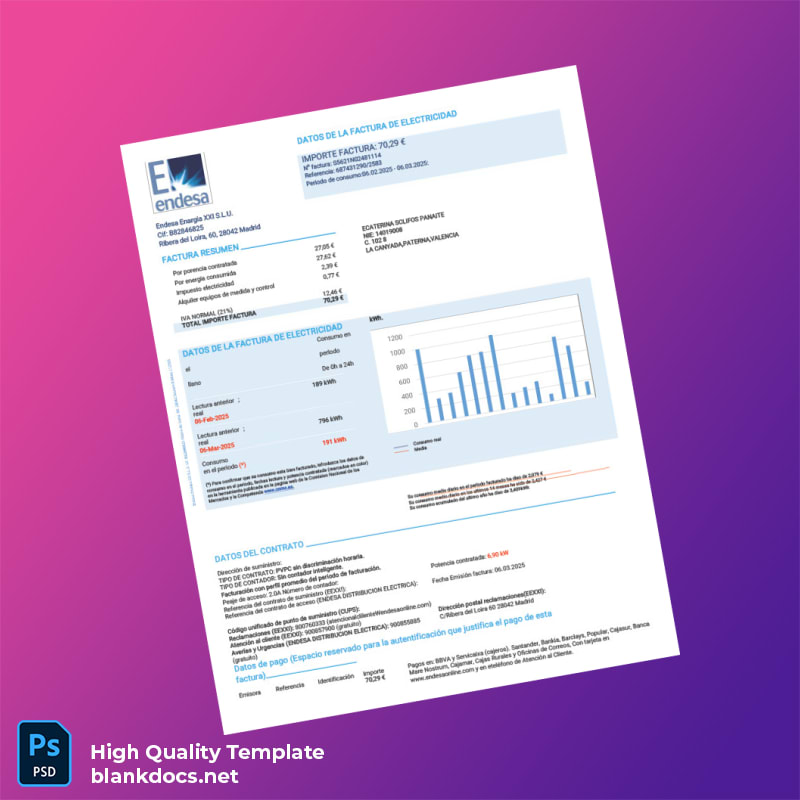 Spain Endesa Energia XXI S L U Editable Electricity Bill Template in Word and PDF formats