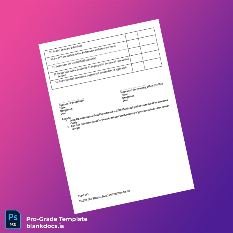 Blank Sri Lanka National Medicines Regulatory Authority Medical Device Registration Certificate Template in Word and PDF formats page 3 Document Preview - BlankDocs