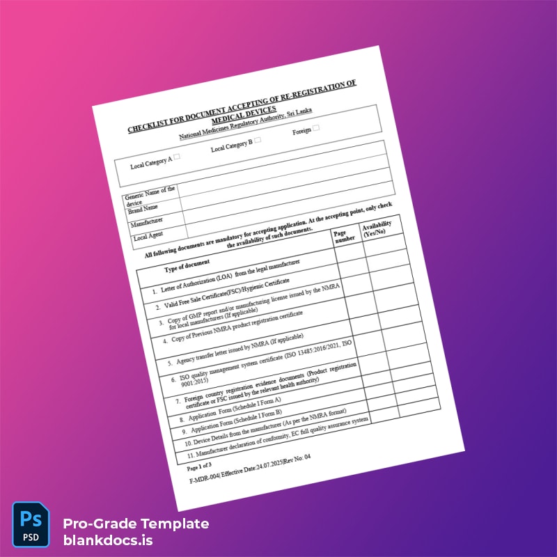 Blank Sri Lanka National Medicines Regulatory Authority Medical Device Registration Certificate Template (Word/PDF) Document Preview - BlankDocs