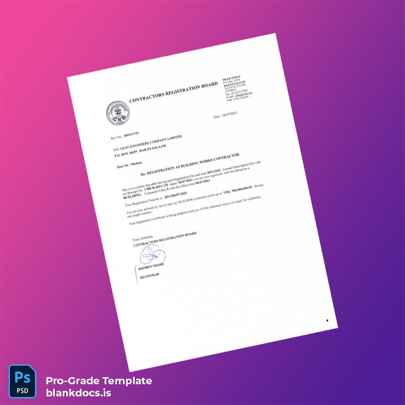 Blank Tanzania Contractors Registration Board Business Registration Certificate Template (Word/PDF) Document Preview - BlankDocs