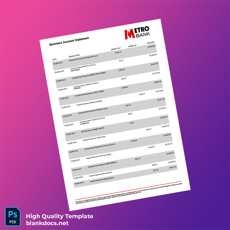 UK Metro Bank Business Account Statement Template in Word and PDF formats page 3