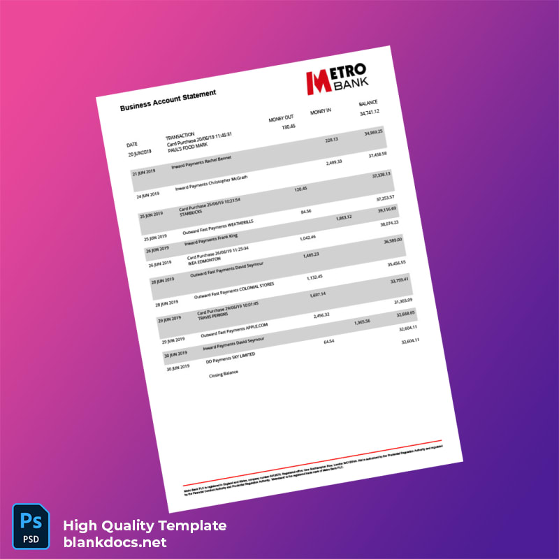 UK Metro Bank Business Account Statement Template in Word and PDF formats page 4