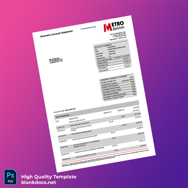 UK Metro Bank Business Account Statement Template in Word and PDF formats